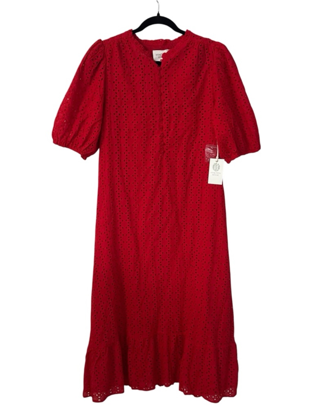 Hyacinth House Red Eyelet Midi Dress with Puff Sleeves